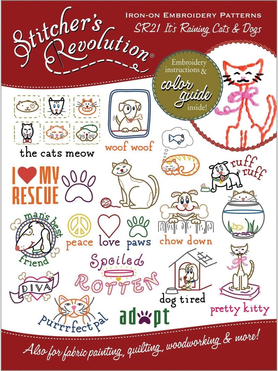 Stitcher's Revolution Iron-On Transfer Pattern for Embroidery, Raining Cats and Dogs