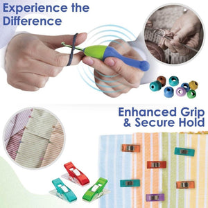 Ergonomic Crochet Hook Grip with Pixiss Fabric Clips - Crochet Hook Handle for Comfortable Crafting and Crocheting - Plastic Sewing Clips for Fabrics, Cloth, and Crocheting Projects