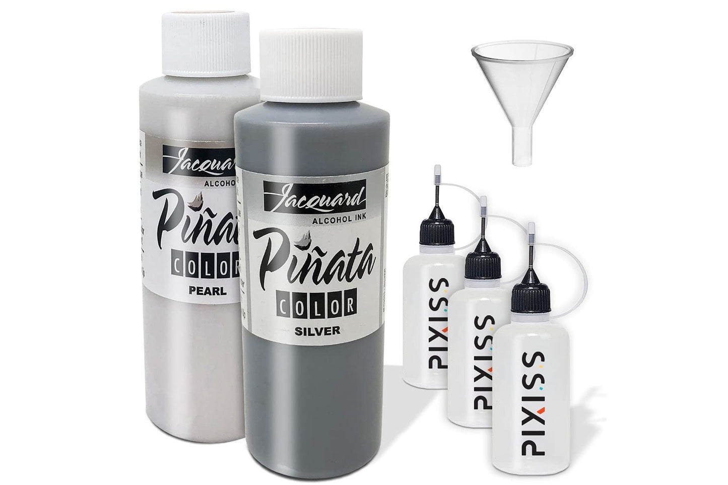 Jacquard Pinata Blanco and Mantilla Black Bundle - Black and White Colors (4-Ounce Bottles), 3 Pixiss 20ml Needle Tip Applicator and Refill Bottles and 1.5 inch Funnel Bundle for Yupo and Resin