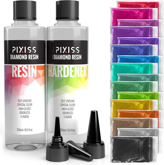 Epoxy Resin Crystal Clear Casting Resin for Epoxy and Resin Art | Pixiss Brand Easy Mix 1:1 (17-Ounce) | 15 Mica Resin Tinting Powder Pigments for Tumblers, Jewelry Resin, Molds, Crafting Resin Kit