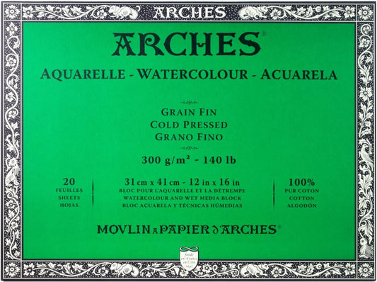 Arches Watercolor Block 12x16-inch Natural White 100% Cotton Paper - 20 Sheets of Arches Watercolor Paper 140 lb Cold Press - Arches Art Paper for Watercolor Gouache Ink Acrylic and More