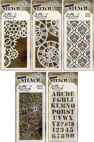 Tim Holtz - Stencils Set 6 ("Steampunk") - Five Item Bundle - Gears, Clockwork, Gothic, Shattered, and Cargo