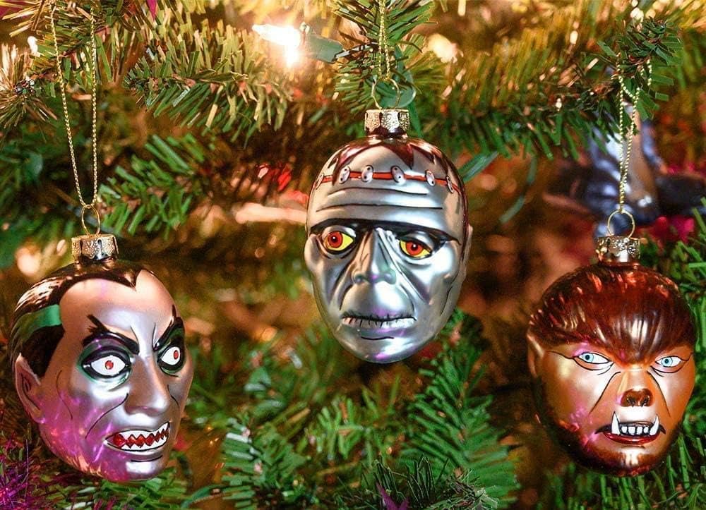 Archie McPhee Set of 3 Monsters Blown Glass Christmas Ornaments! - Dracula, Werewolf Frankenstein, Skeleton Color
