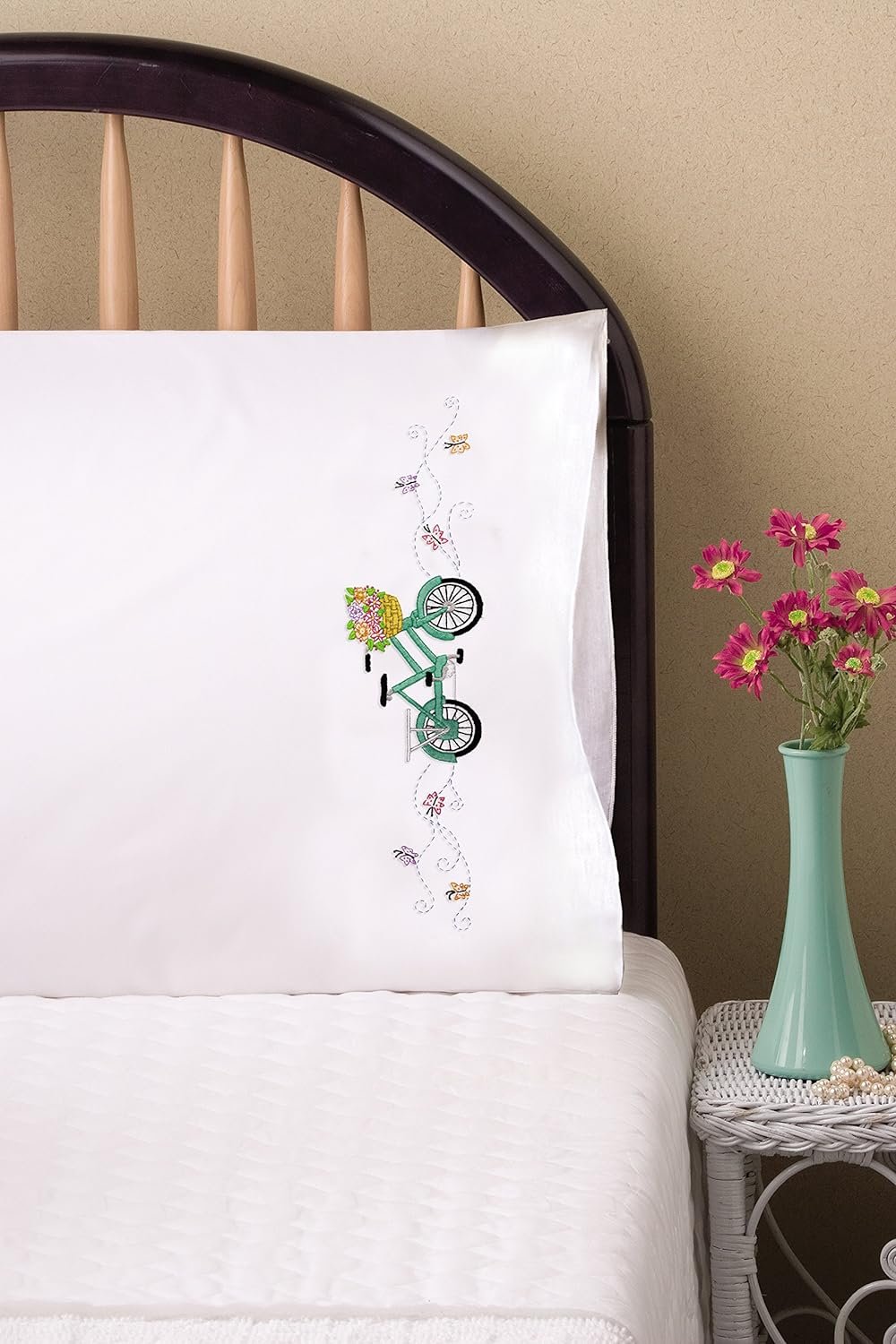 Tobin Stamped Pillowcases, Bicycle, 20" x 30" Embroidery Kit, white