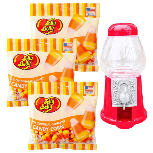 Candy Corn Flavored Jelly Belly Jelly Beans (3 Pack) and Mini Candy Dispenser - Includes 3 bags of 1.9 oz Candy Corn Jelly Beans & Small Gumball Machine