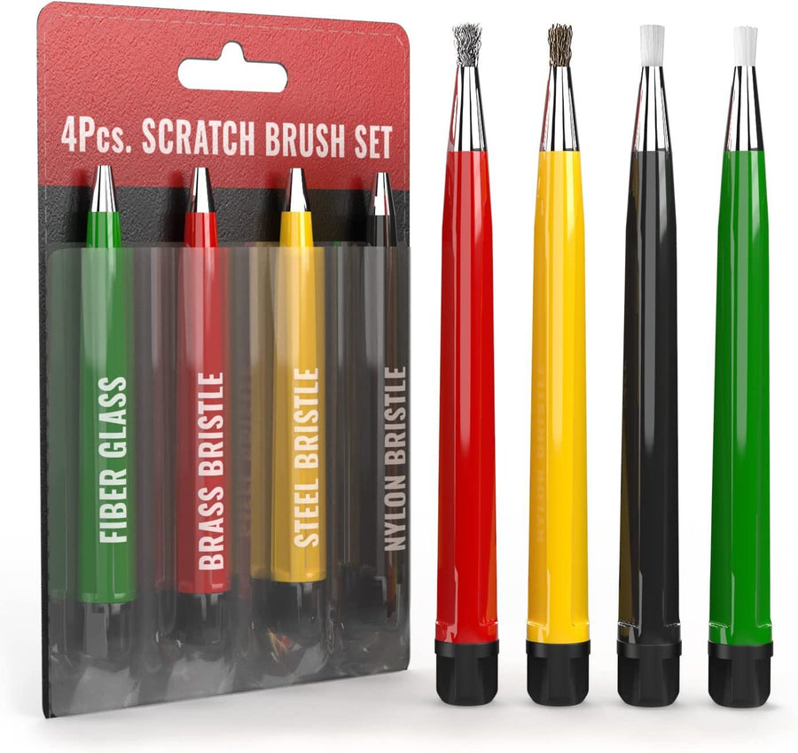 Pixiss Scratch Brush Pen Set, Fiberglass, Steel, Brass, Nylon, 5-inches Pen Style Prep Sanding Brush 4-Pack for Removing Corrosion and Rust, Jewelry, Electrical Circuit Boards and Auto Body Work