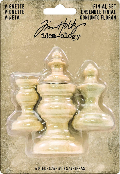 Tim Holtz Idea-ology Vignette Finial Set, Various Sizes, 4 Wooden Pieces (TH93573) Small