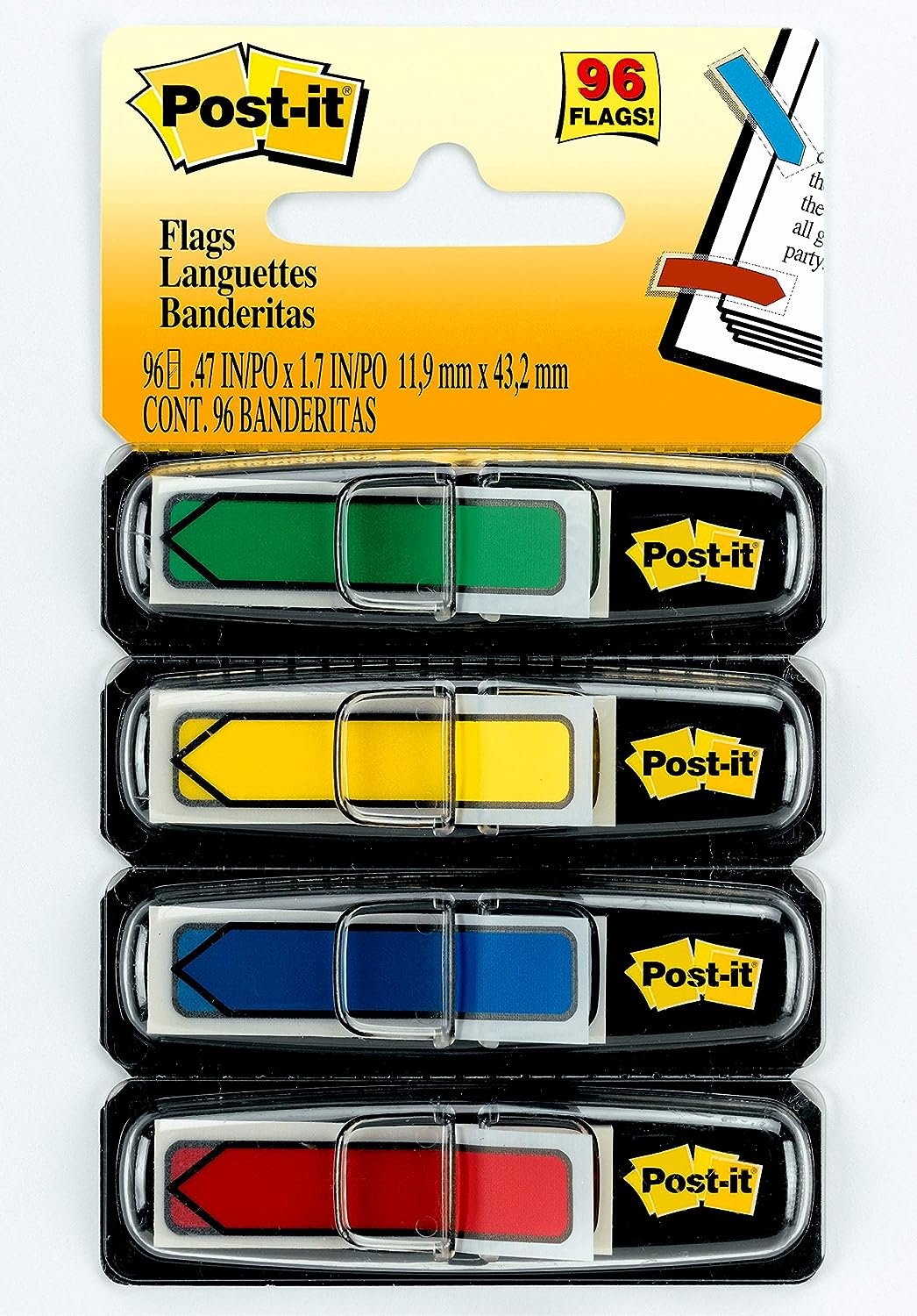 Post-it 1/2" W Arrow Primary Colors,4 Dispensers, 96 Flags, Count