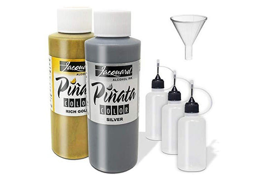 Jacquard Pinata Metals Bundle - Silver and Rich Gold Colors (4-Ounce Bottles), 3 Pixiss 20ml Needle Tip Applicator and Refill Bottles and 1.5 inch Funnel Bundle for Yupo and Resin
