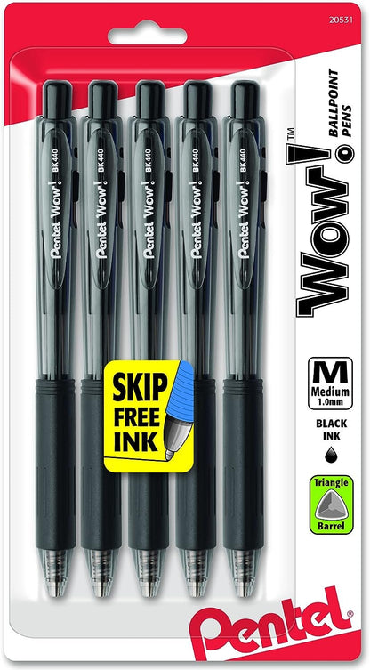 Pentel WOW! Retractable Ballpoint Pens, Medium Line, Black Ink, 5 Pack (BK440BP5A)