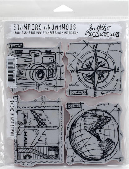 Stampers Anonymous Tim Holtz Cling Rubber Stamp Set, 7 by 8.5-Inch, Travel Blueprint