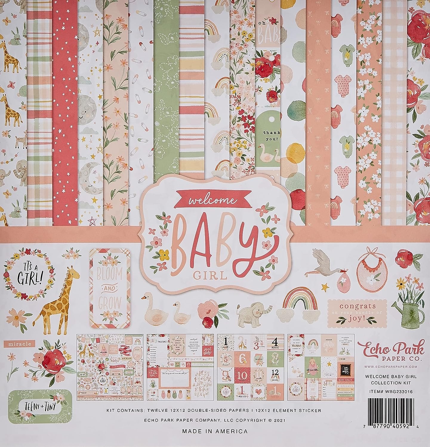 Echo Park Paper Company Welcome Baby Girl Collection Kit Paper, 12-x-12-Inch