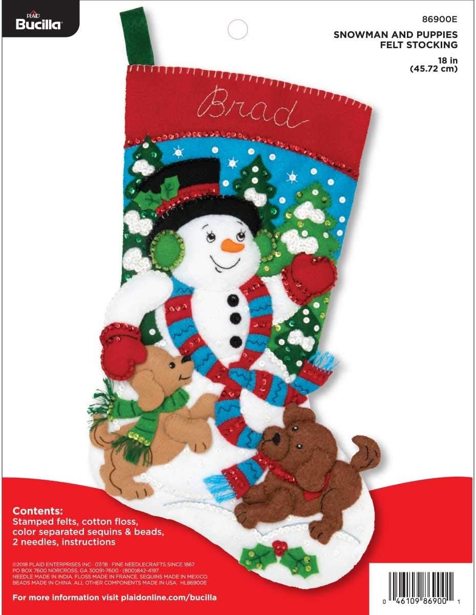 Bucilla Felt Applique Christmas Stocking Kit, 18", Snowman and Puppies