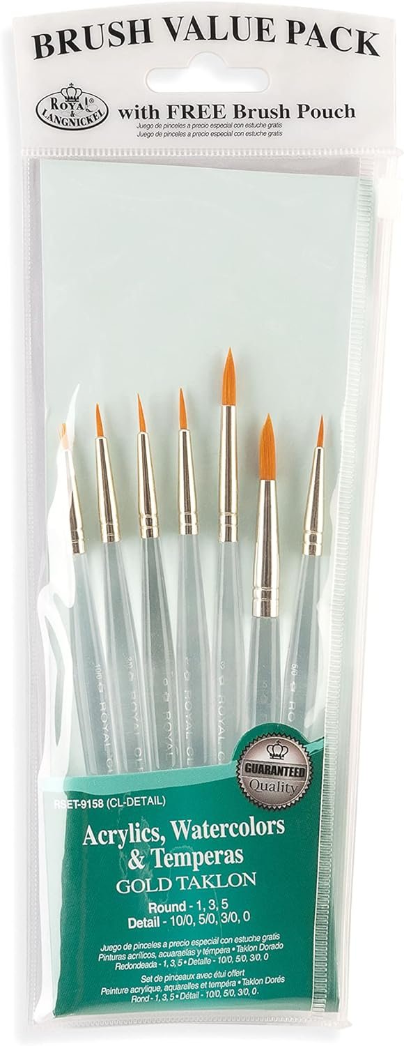 Royal & Langnickel RSET-9158 Royal Zip N' Close Gold Taklon Clear Acrylic Handle Detail Brush Set, 10.5 x 3.9 x 0.5, Multicolor, 7-Piece
