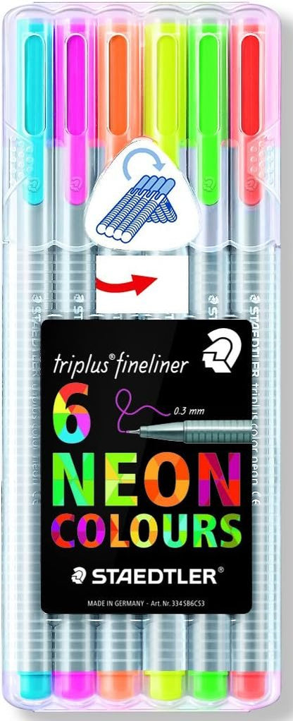 Staedtler Fineliner Drawing Pens .3mm 6 Count Triplus Fine Line, 6-Pack, Assorted Neon