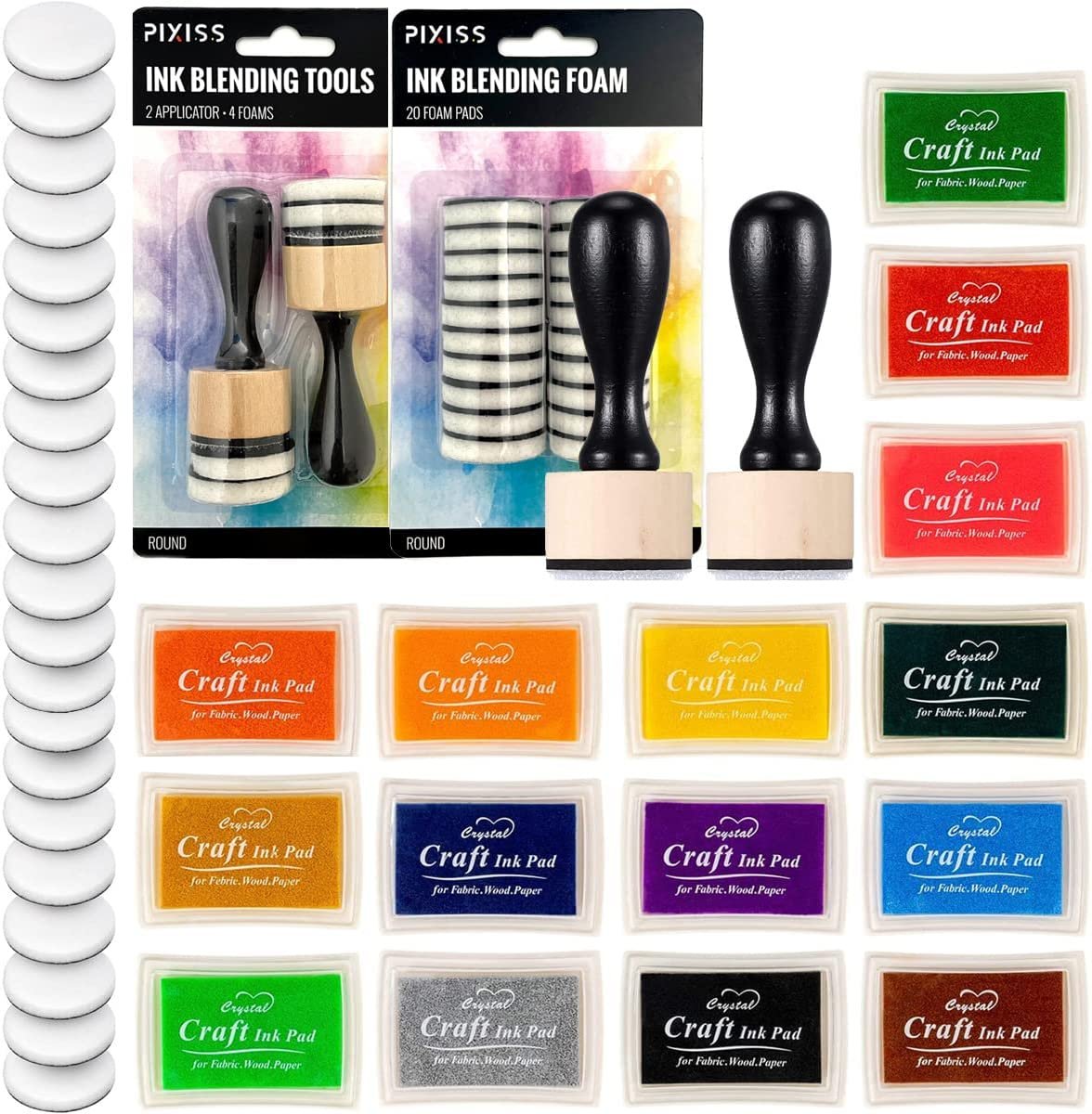 Pixiss Mini Ink Blending Tools with 24 Foam Pads, Ink Pads in 15 Colors for Rubber Stamps, Distressing, Scrapbooking, Wood and Fabric