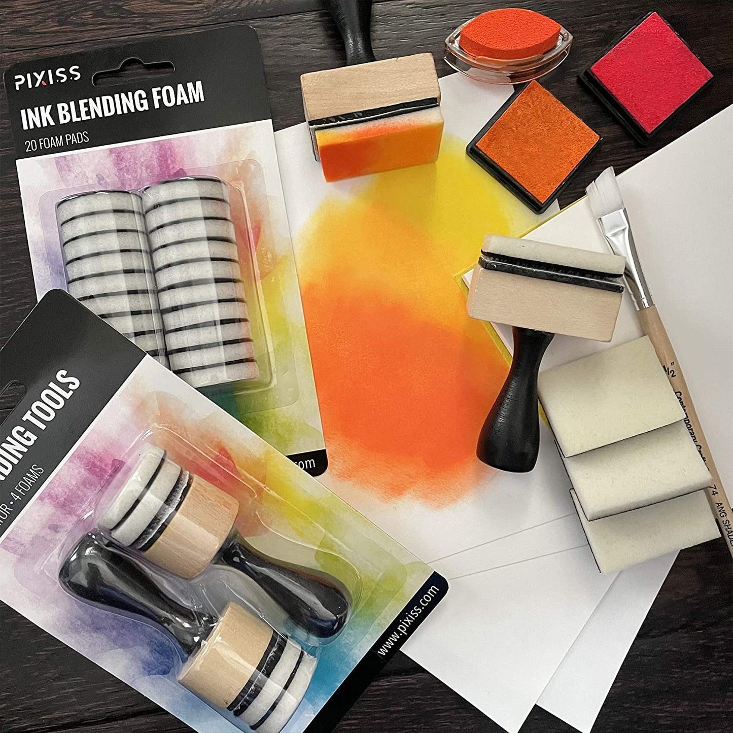 Pixiss Mini Ink Blending Tools with 24 Foam Pads, Ink Pads in 15 Colors for Rubber Stamps, Distressing, Scrapbooking, Wood and Fabric