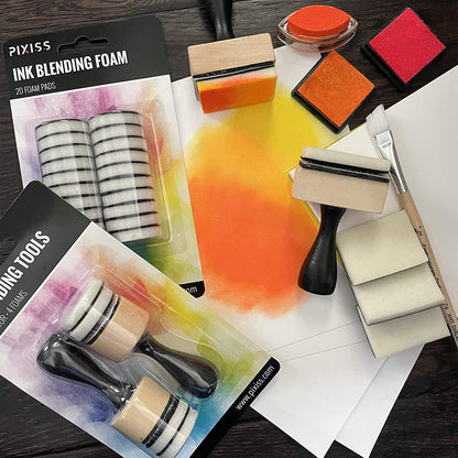 Pixiss Mini Ink Blending Tools with 24 Foam Pads, Ink Pads in 15 Colors for Rubber Stamps, Distressing, Scrapbooking, Wood and Fabric