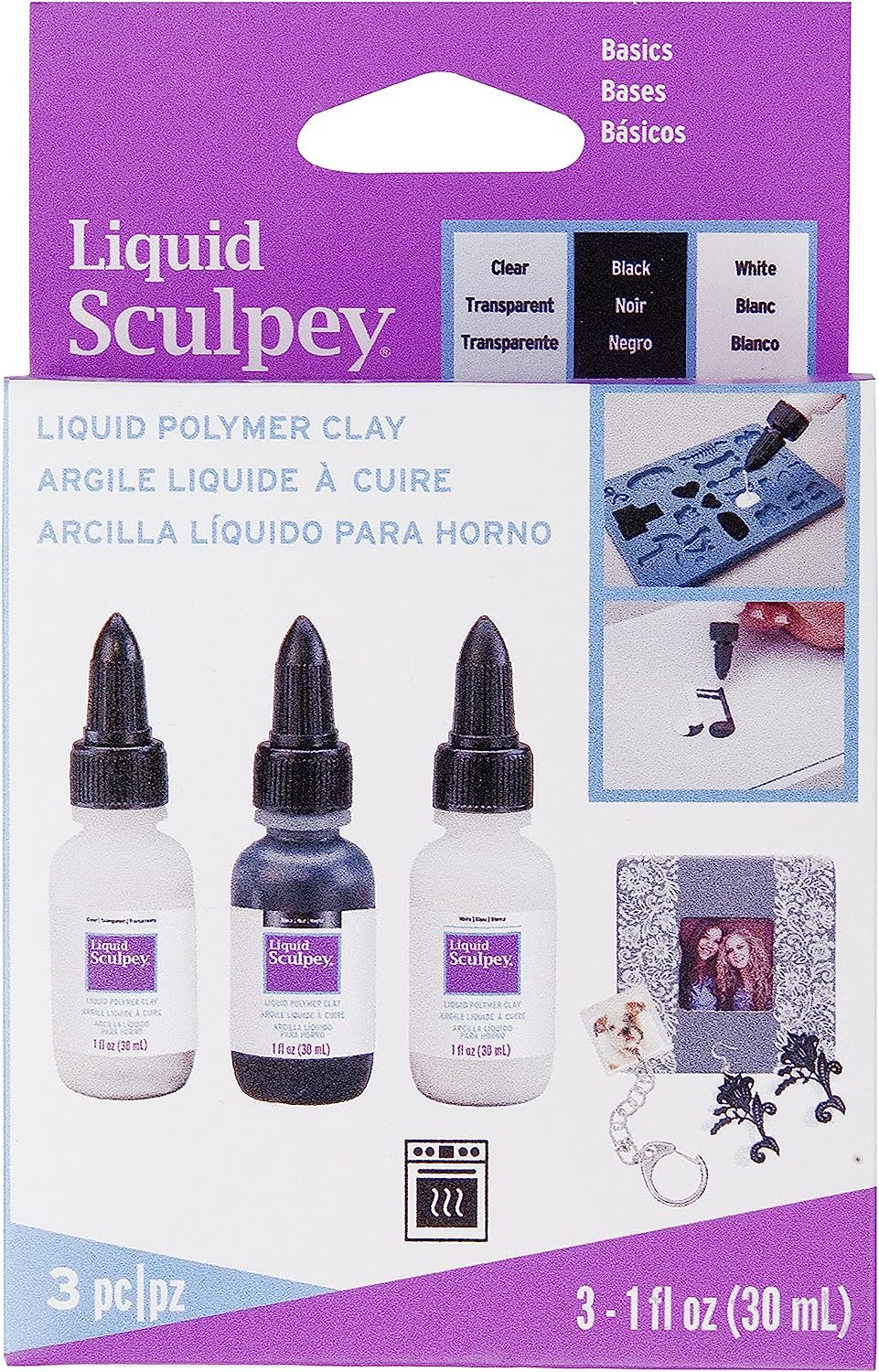 Liquid Sculpey Liquid Polymer Oven-Bake Clay, Classic Sampler Pack, Three 1 oz. bottles included, White, Black and Clear colors, Great for jewelry, holiday, DIY