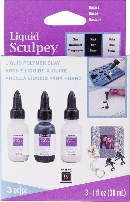 Liquid Sculpey Liquid Polymer Oven-Bake Clay, Classic Sampler Pack, Three 1 oz. bottles included, White, Black and Clear colors, Great for jewelry, holiday, DIY