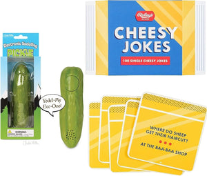 Yodeling Pickle and Cheesy Jokes Bundle – Fun Dad Joke Gifts with Musical Pickle Toy and Hilarious Lunchbox Joke Cards – Gag Gifts and Joke Gifts for Men and Women, Pickle Gifts for Pickle Lovers