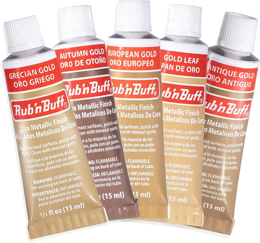 AMACO Rub N Buff Wax Metallic Finish Gold Kit - Antique Gold Autumn Gold European Gold Gold Leaf Grecian Gold 15ml Tubes - Versatile Gilding Wax for Finishing and Restoration- 5 Rub and Buff Colors