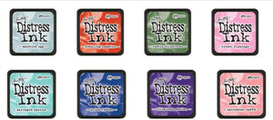 Mini Distress Ink Pads- Bundle of 8 Tim Holtz Saltwater Taffy, Speckled Egg, Crackling Campfire, Rustic Wilderness, Kitsch Flamingo, Salvaged Patina, Prize Ribbon, Villainous Potion Tim Holtz Ranger