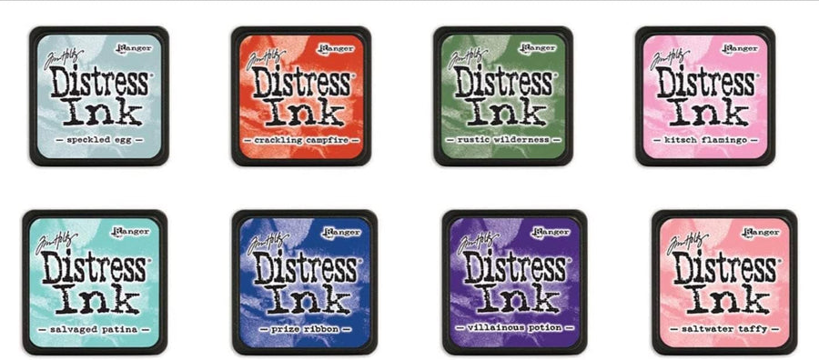 Mini Distress Ink Pads- Bundle of 8 Tim Holtz Saltwater Taffy, Speckled Egg, Crackling Campfire, Rustic Wilderness, Kitsch Flamingo, Salvaged Patina, Prize Ribbon, Villainous Potion Tim Holtz Ranger