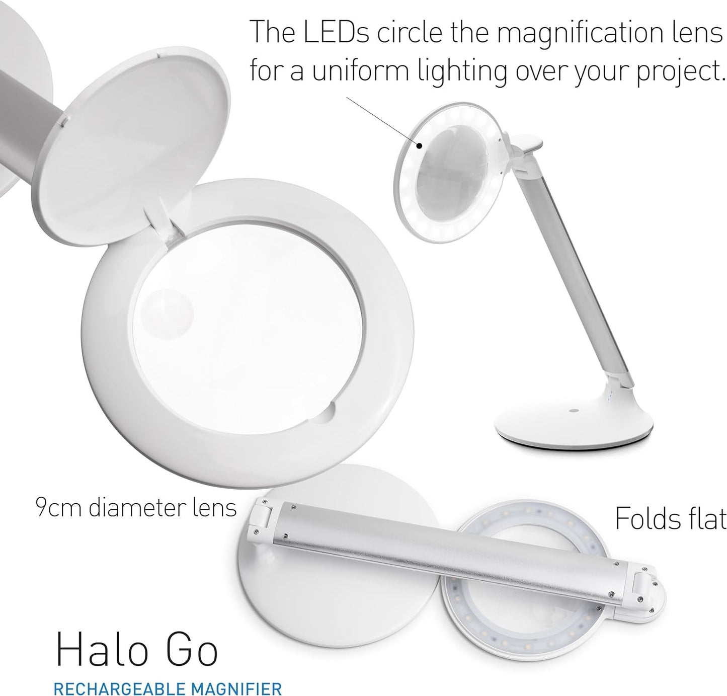 Daylight Company Halo Go Magnifier Lamp, Rechargeable USB, Portable, Lightweight, Desk Lamp Reading, Hobbies, Sewing, Crafts, Nail Salon, Handcrafts and More, Colour Temperature: 6,000 K, White