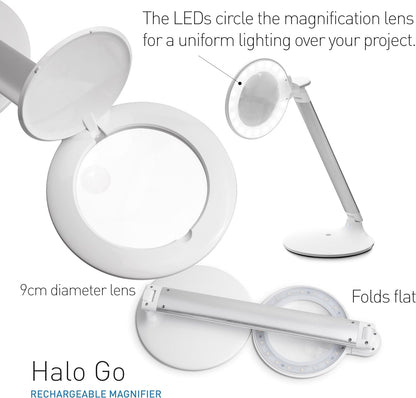 Daylight Company Halo Go Magnifier Lamp, Rechargeable USB, Portable, Lightweight, Desk Lamp Reading, Hobbies, Sewing, Crafts, Nail Salon, Handcrafts and More, Colour Temperature: 6,000 K, White