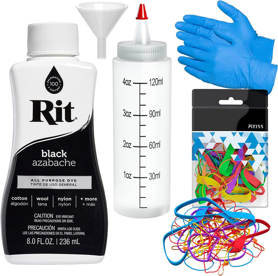 Rit Dye Liquid All-Purpose Dye 8oz, Pixiss Tie Dye Accessories Bundle with Rubber Bands, Gloves and Squeeze Bottle