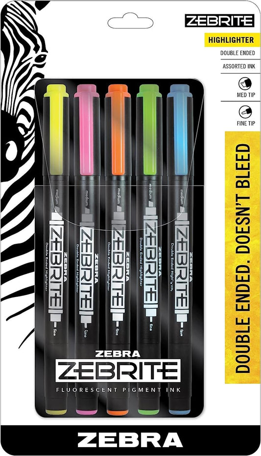 Zebra Pen Zebrite Double-Ended Highlighter, Medium Chisel Point and Fine Point, Assorted Colors, 5-Count