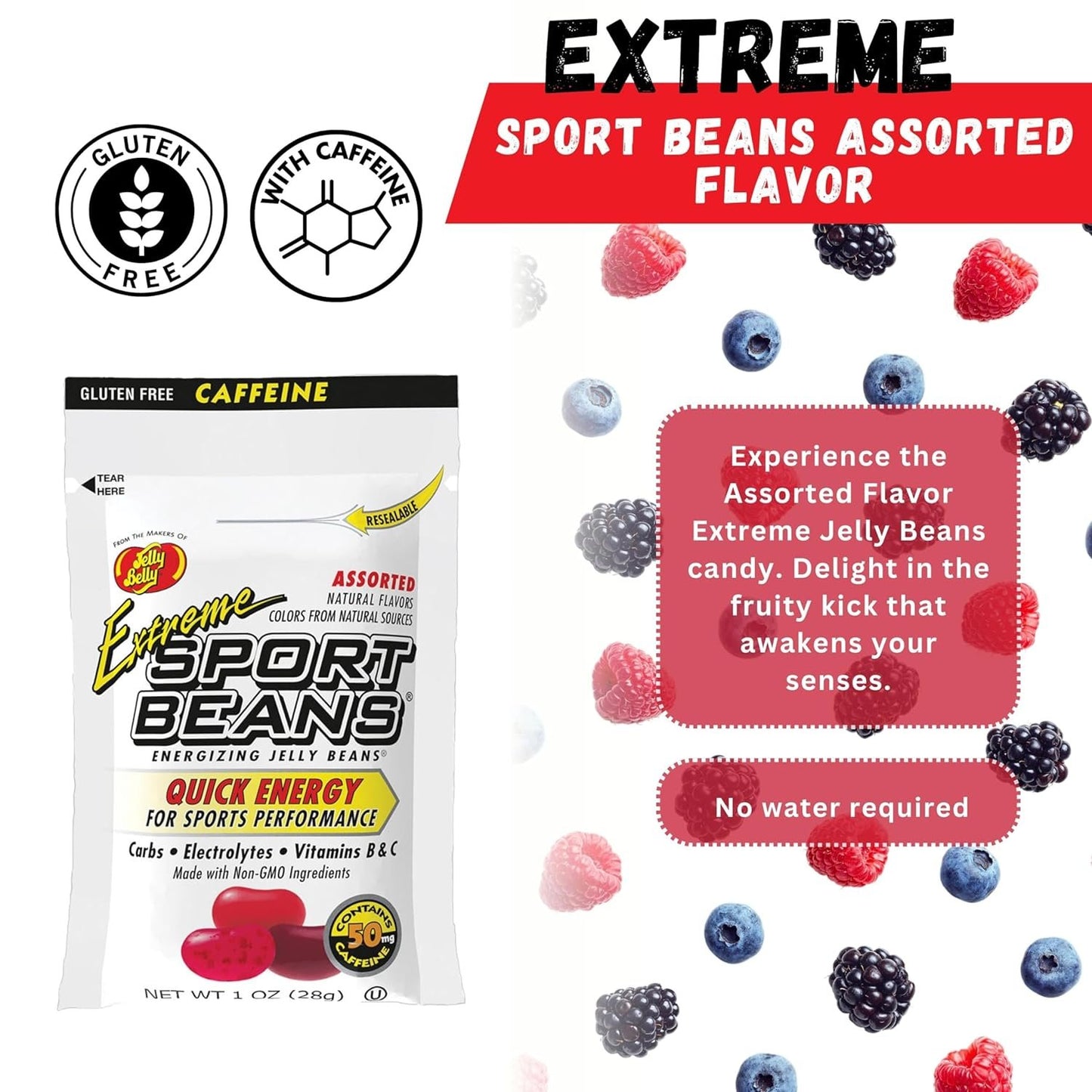 Extreme Energy Sport Beans Assorted Flavor (1.9oz 3-pack) by Jelly Belly with Candy Dispenser - Caffeinated Candy Energy Snacks for Quick Energy Boost - Cycling, Running, Hiking, Workout Snacks