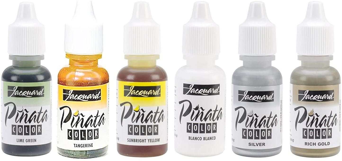 Jacquard Alcohol Inks 6 Pack Bundle, Lime Green, Tangerine, Rich Gold, Silver, Blanco, Sunbright Yellow and 10X Pixiss Ink Blending Tools