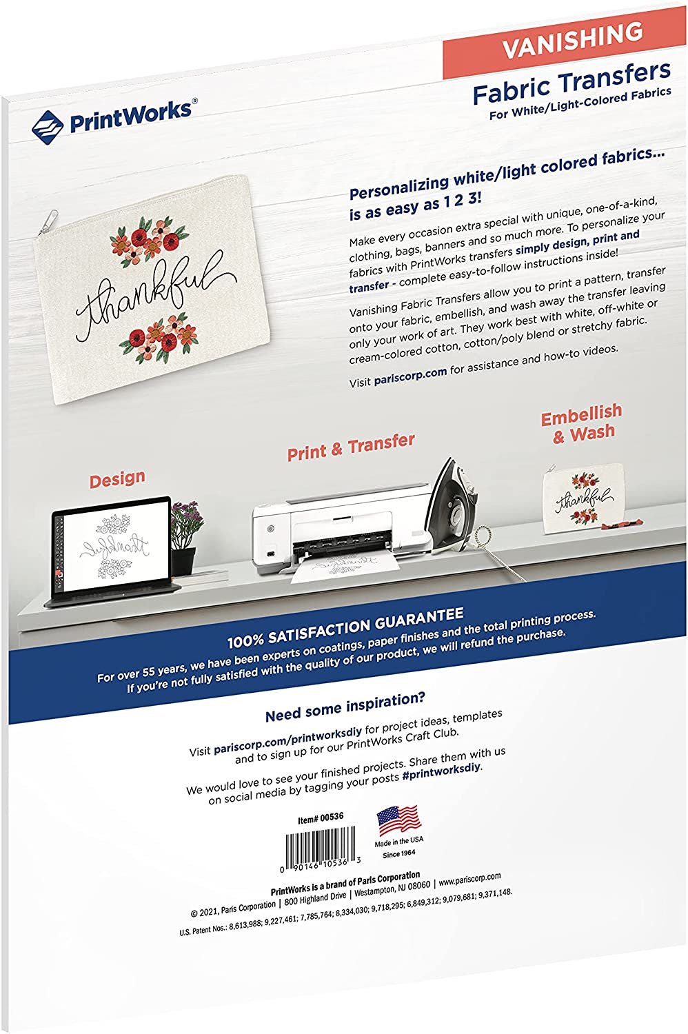 Print Works Vanishing Embroidery Transfers, for White/Light-Colored Fabrics, 5 Sheets, Inkjet, 8.5 x 11 (00536)