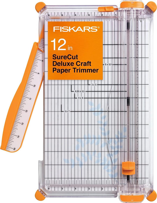 Fiskars SureCut™ Deluxe Craft Paper Trimmer - 12” Cut Length - Craft and Office Paper Cutter with Grid Lines - White