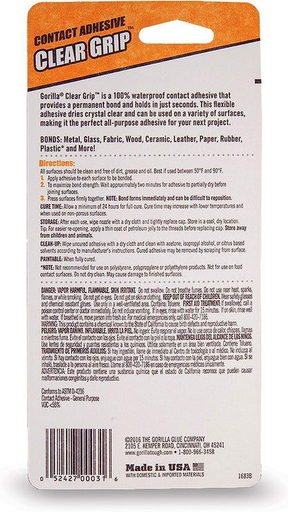 Gorilla Clear Grip Contact Adhesive, Waterproof, 3 Ounce