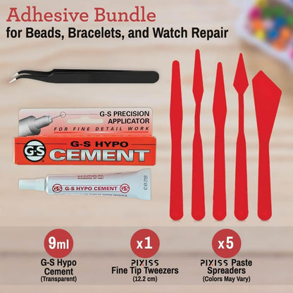 GS Hypo Cement Glue for Jewelry Making (9 ml) - 5 Palette Knives for Adhesive Spreaders and Fine Point Precision Tweezers - Adhesive Bundle for Beads, Bracelets, Watch Repair