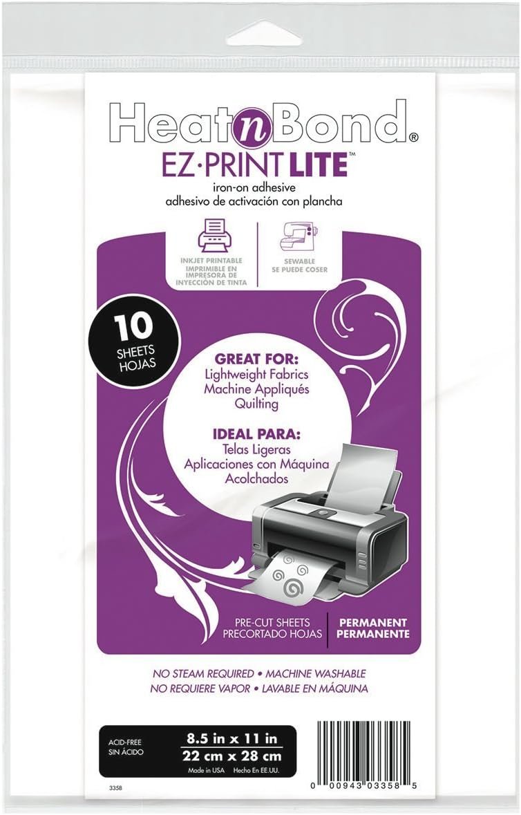 Thermo Web 3358 Heat and Bond EZ-Print Lite Iron-On Adhesive, 8-1/2 by 11-Inch, White, 10-Pack