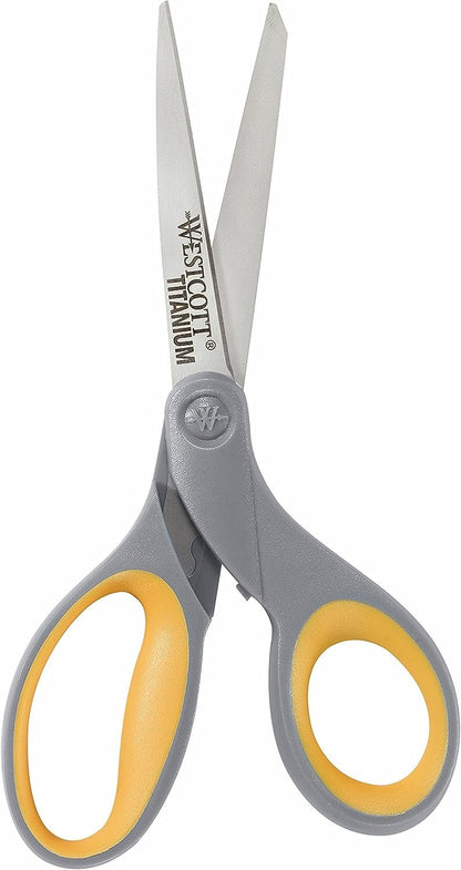 Westcott 13529 8-Inch Straight Titanium Scissors For Office and Home, Yellow/Gray