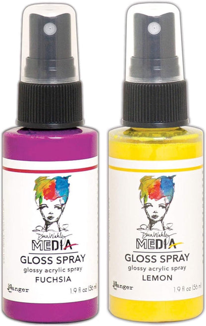 Dina Wakley MEdia Gloss Sprays by Ranger - Magenta, Cheddar, Lemon, Lime, Olive, Turquoise, Ocean, Marine, Night, Fuchsia, Eggplant, White, Bundle of 12 (1.9 Fl oz) Spray Bottles