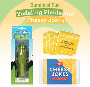 Yodeling Pickle and Cheesy Jokes Bundle – Fun Dad Joke Gifts with Musical Pickle Toy and Hilarious Lunchbox Joke Cards – Gag Gifts and Joke Gifts for Men and Women, Pickle Gifts for Pickle Lovers