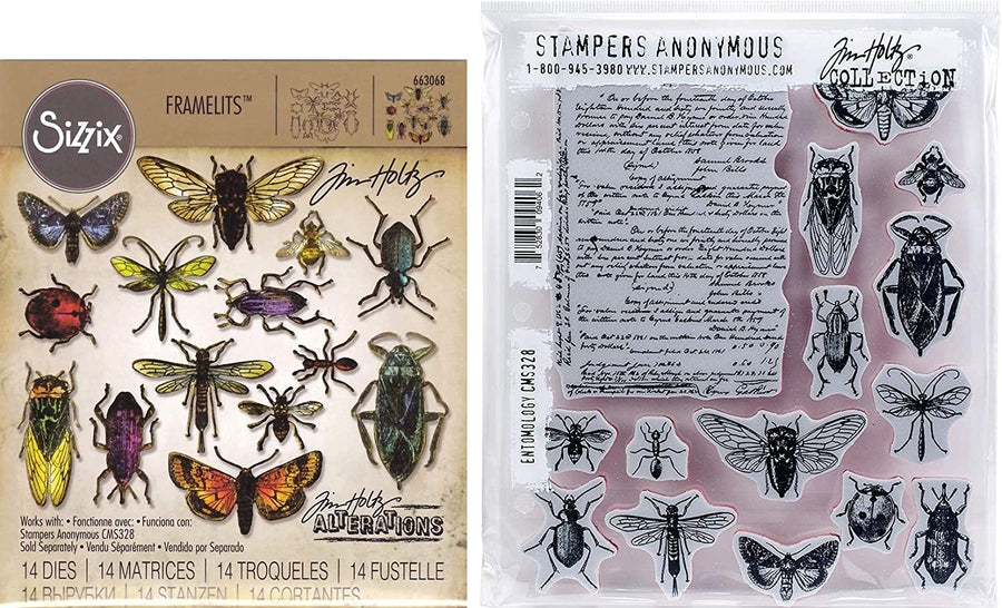 Tim Holtz Entomology - Stampers Anonymous Cling Stamps and Sizzix Framelits Die Set - Two Item Bundle