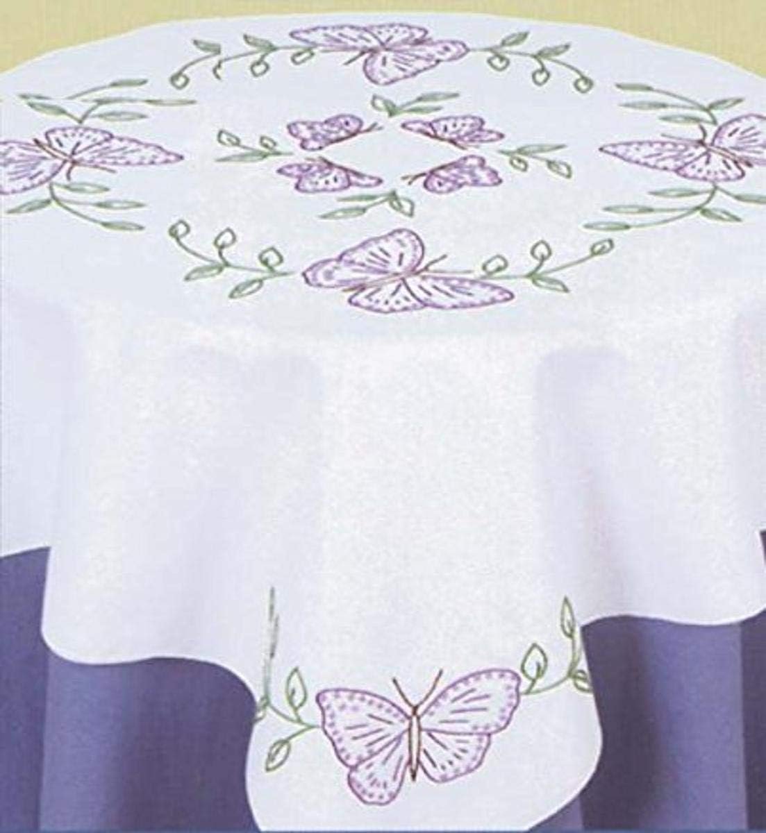 Jack Dempsey Stamped White Perle Edge Table Topper, 35-Inch by 35-Inch, Butterflies