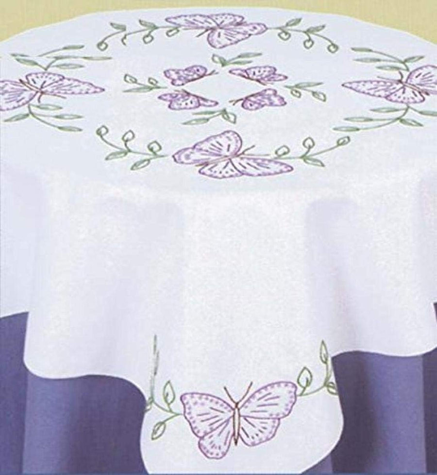 Jack Dempsey Stamped White Perle Edge Table Topper, 35-Inch by 35-Inch, Butterflies
