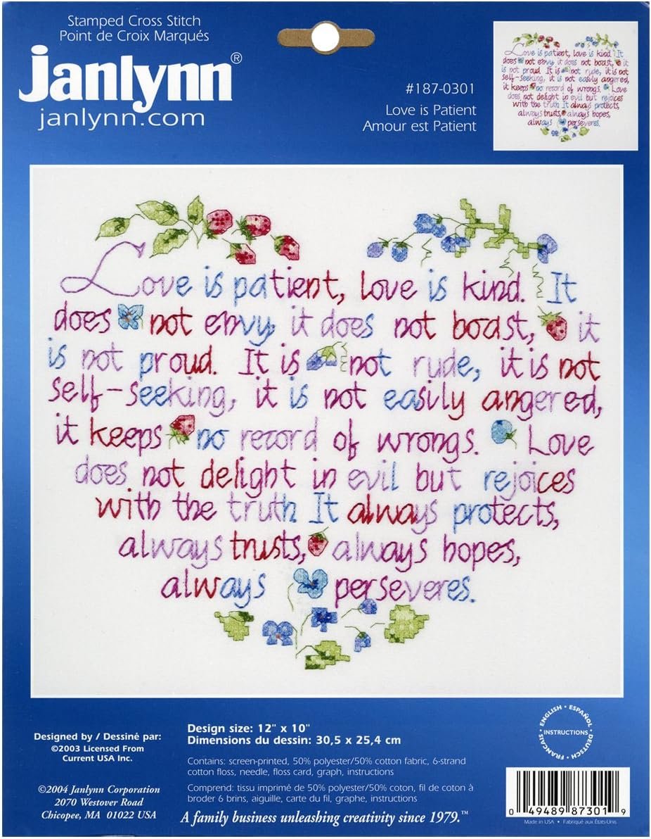 Janlynn Stamped Cross Stitch Kit, Love is Patient, 12" x 10", (187-0301),White