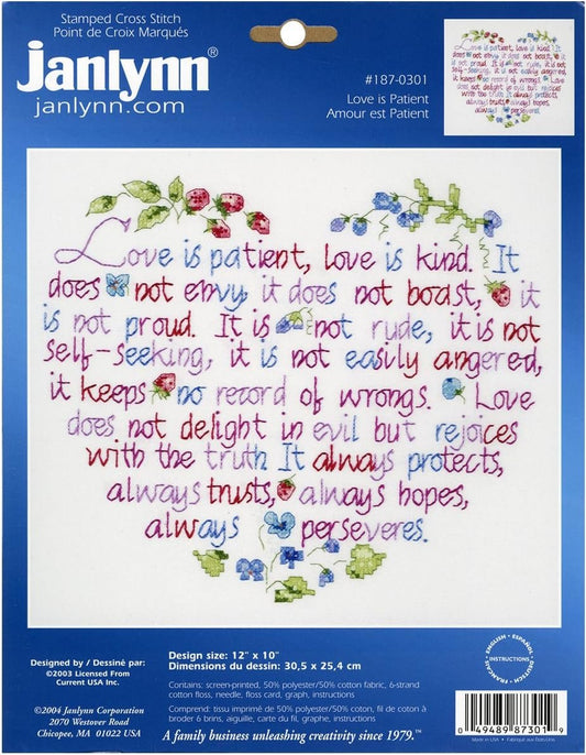 Janlynn Stamped Cross Stitch Kit, Love is Patient, 12" x 10", (187-0301),White
