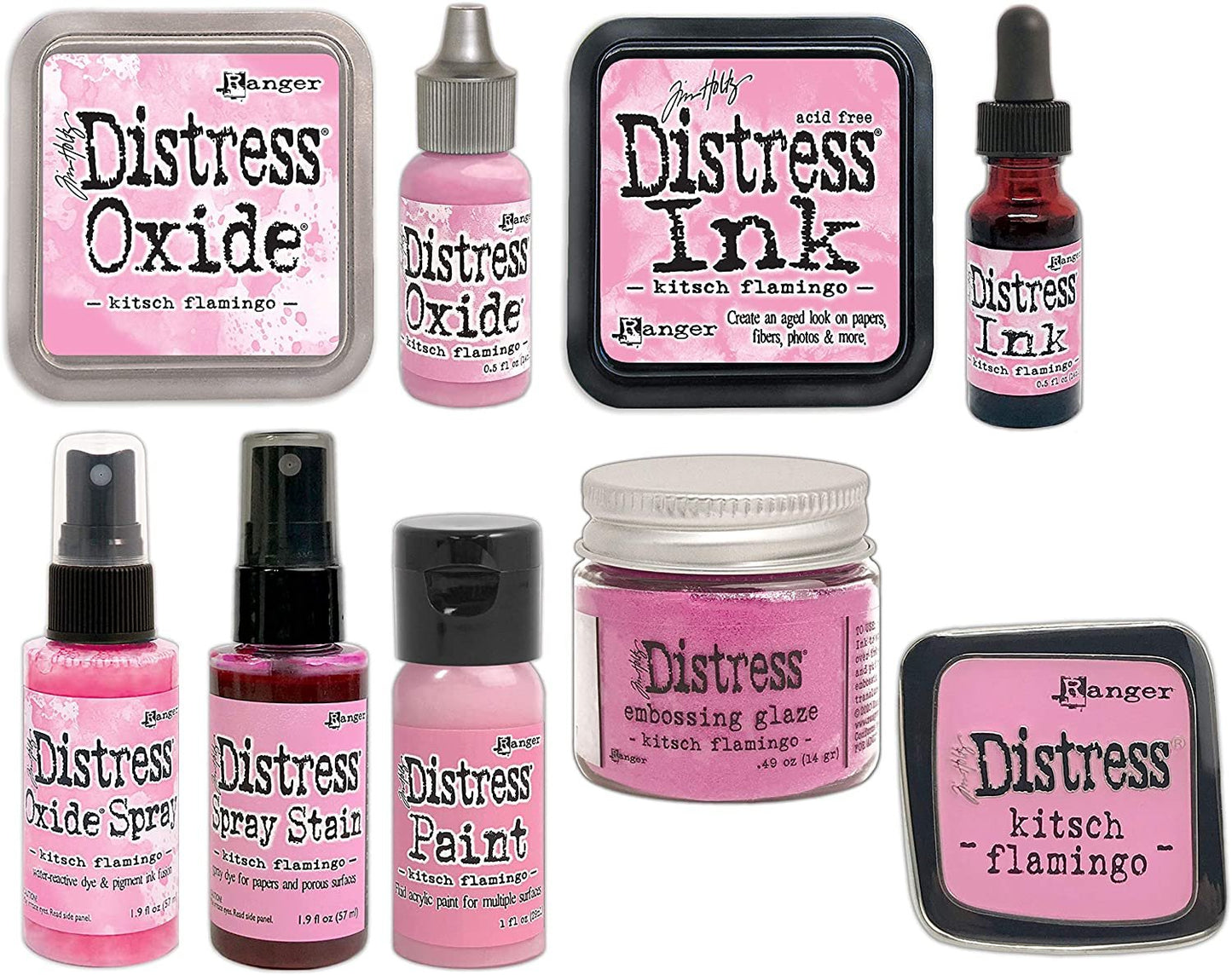 Tim Holtz Distress Kitsch Flamingo February 2021 Release, Distress Ink Pad/Reinker, Oxide Ink Pad/Reinker, Embossing Glaze, Flip Top Paint, Oxide Spray, Spray Stain, Collector Enamel Pin, 9 Items