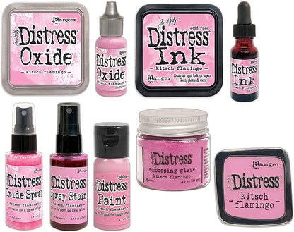 Tim Holtz Distress Kitsch Flamingo February 2021 Release, Distress Ink Pad/Reinker, Oxide Ink Pad/Reinker, Embossing Glaze, Flip Top Paint, Oxide Spray, Spray Stain, Collector Enamel Pin, 9 Items