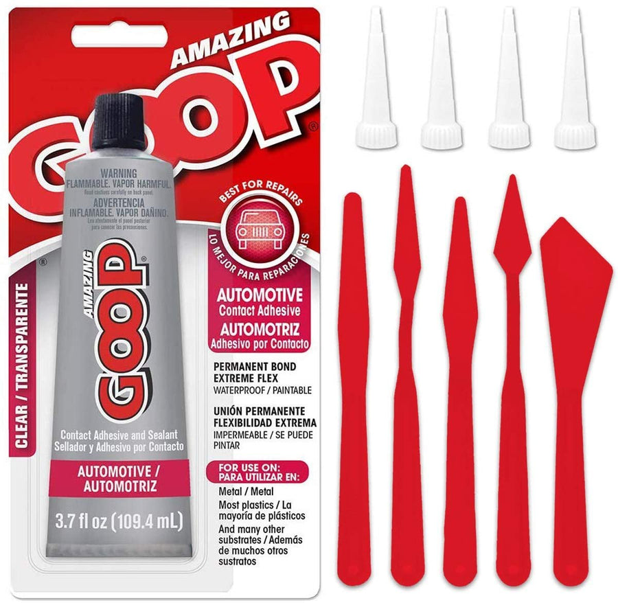 Pixiss Bundle - Automotive Amazing Goop Glue 3.7 Ounce (109.4mL) Tube Industrial Strength Auto Adhesive Dries Clear, 4 Snip Tip Applicator Tips Spreader Tools Set